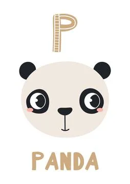 Cute panda face, letter P, text, illustration isolated Stock Illustration