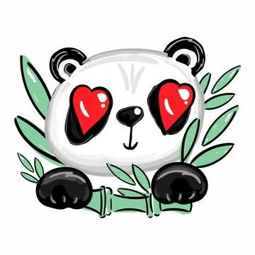 Cute Panda Face Vector Icon with hearts on bamboo for print t shirts Stock Illustration