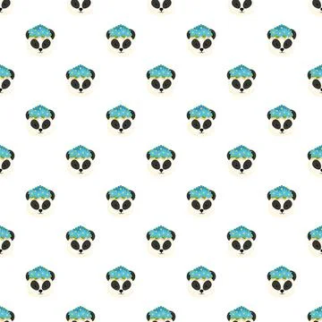 Cute panda faces with flower crowns seamless pattern Stock Illustration