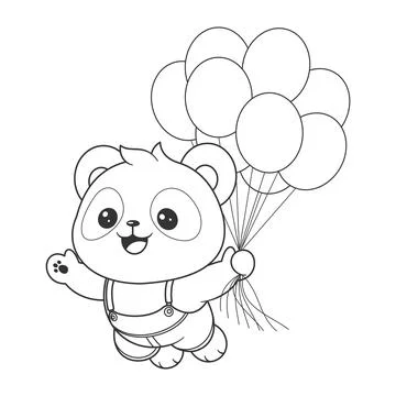 Cute panda floating with balloon in hand for coloring Stock Illustration