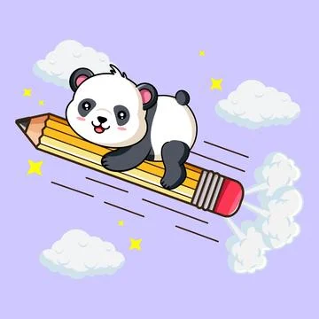 Cute Panda Flying on a Pencil Vector Illustration Stock-Illustration