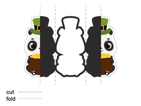 Cute panda in green leprechaun hat holds bowler with gold coins. Irish holi.. Stock Illustration