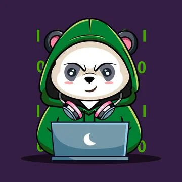 Cute Panda Hacker with Laptop Vector Illustration Ilustração Stock