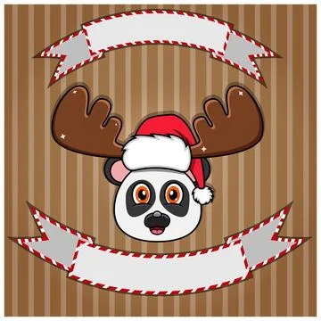 Cute Panda Head With Christmas Hat. Blank label and banner. Character, Masc.. Stock Illustration