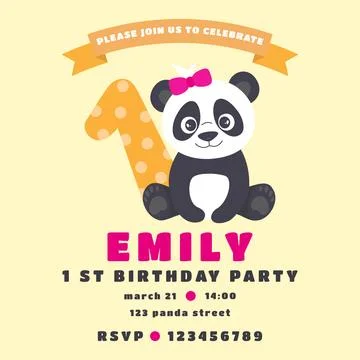 A cute panda invitation card template for a girl s first birthday. Иллюстрация