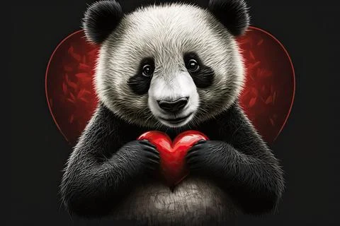 Cute Panda, isolated on a background with red hearts Stock Illustration
