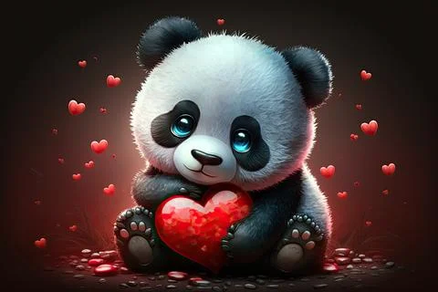 Cute Panda, isolated on a background with red hearts Stock Illustration