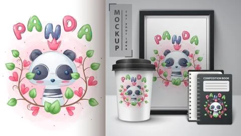 Cute panda in leaf - poster and merchandising. Stock Illustration