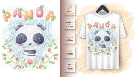 Cute panda in leaf poster and merchandising. Stock Illustration