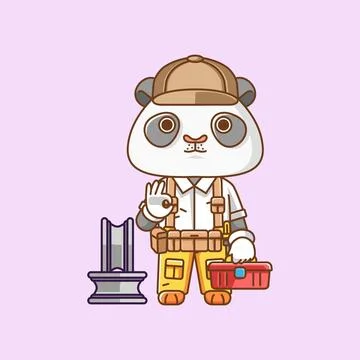 Cute panda mechanic with tool at workshop cartoon animal character mascot Stock Illustration