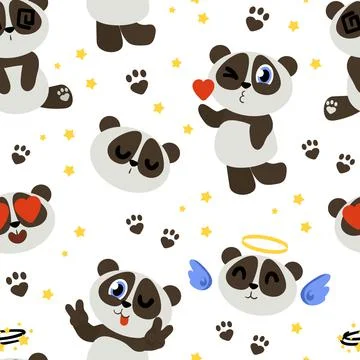 Cute panda pattern. Seamless print with funny baby Chinese bear mascot and Ilustración de archivo