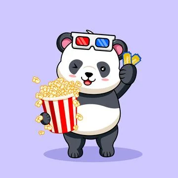 Cute Panda with Popcorn and 3D Glasses at the Cinema Stock Illustration
