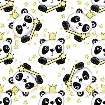 Cute panda princess seamless pattern, gold crown and stars. Girlish print for Illustrazione stock