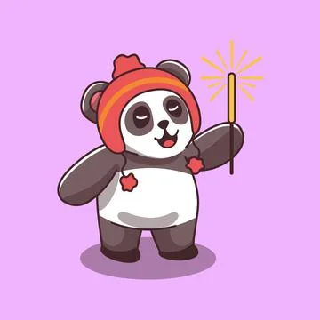 Cute panda in red hat holding sparkler new year christmas vector character Illustrazione stock