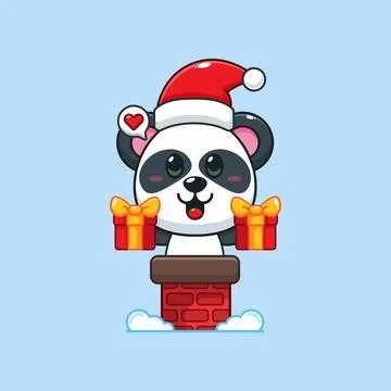 Cute panda with santa hat holding Christmas gift box in the chimney. Stock Illustration