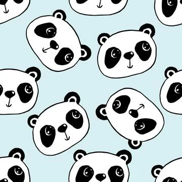 Cute Panda Seamless Pattern, Animal blue Background with white black China bear Illustrazione stock