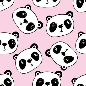 Cute panda seamless pattern, hand drawn pink background with faces of china Stock Illustration