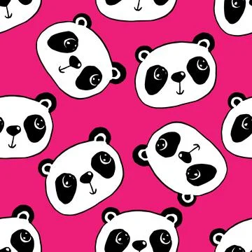 Cute panda seamless pattern, hand drawn pink background with faces of china Illustrazione stock