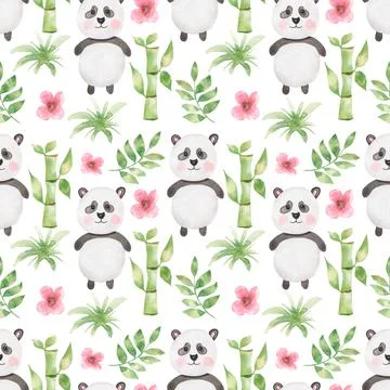 Cute Panda Seamless pattern, Watercolor hand drawn black and white beat ani.. Stock Illustration
