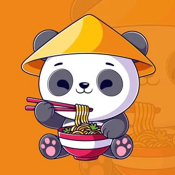 Cute panda sits and eats ramen using chopsticks Stock Illustration