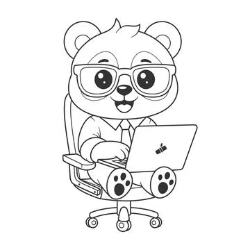 Cute panda sitting and working in front of a laptop for coloring Stock Illustration