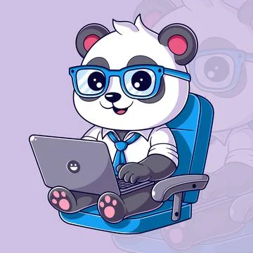 Cute panda sitting on a chair while playing on a laptop Stock Illustration
