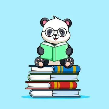 Cute Panda Sitting in the stack Books and Reading Books with Glasses Illustrazione stock
