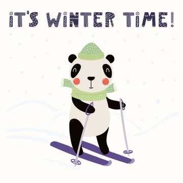 Cute panda skiing in winter Stock Illustration