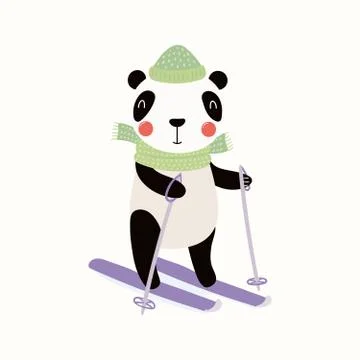 Cute panda skiing in winter Stock Illustration