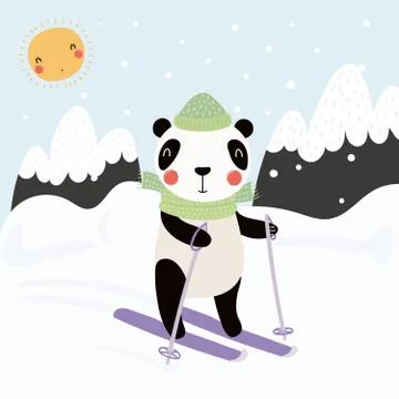Cute panda skiing in winter Stock Illustration