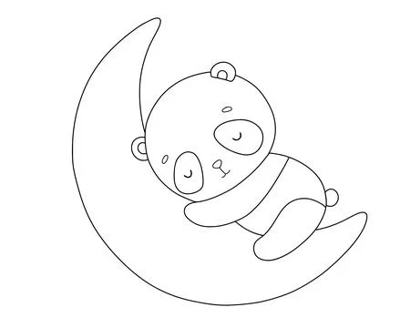 Cute panda sleep on moon, vector line illustration for coloring book, Outline Stock Illustration