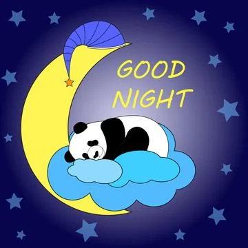 A cute panda sleeps on a cloud and a big moon against the background of the n Stock-Illustration