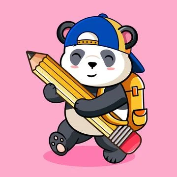 Cute Panda Student with Backpack and Pencil Stock Illustration