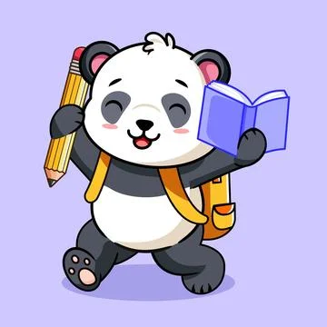 Cute Panda Student Happy for Back to School Walking with Book and Pencil Stock Illustration