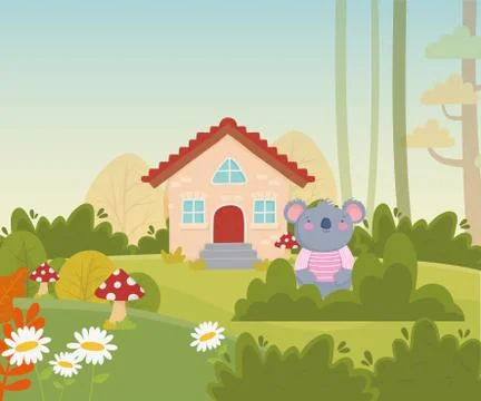 Cute panda tree flower grass foliage nature landscape Stock Illustration