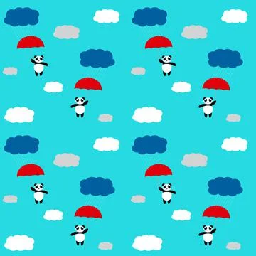 Cute panda under an umbrella in the sky. Childish seamless pattern. Vector il Stock Illustration
