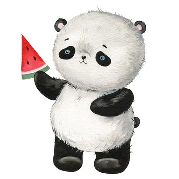 Cute panda with watermelon on isolated background. Watercolor Illustration Stock Illustration