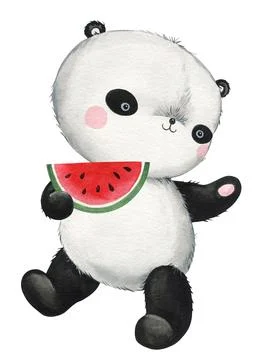 Cute panda with watermelon on isolated background. Watercolor Illustration Stock Illustration