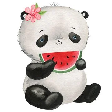 Cute panda with watermelon on isolated background. Watercolor Illustration Stock Illustration