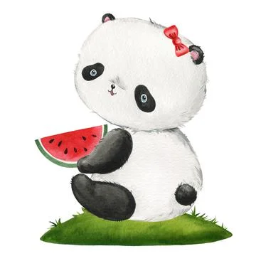 Cute panda with watermelon on isolated background. Watercolor Illustration Stock Illustration