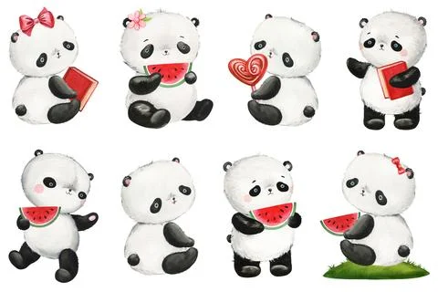 Cute panda with watermelon on isolated background. Watercolor Illustration Stock Illustration
