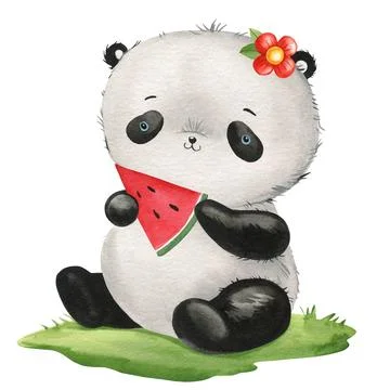 Cute panda with watermelon on isolated background. Watercolor Illustration Stock Illustration