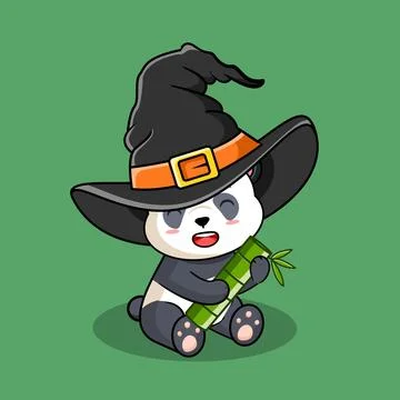 Cute Panda Wearing Witch Hat Holding Bamboo Vector Illustration Stock Illustration