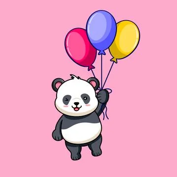 Cute Panda Winking and Flying with Balloons Stock Illustration
