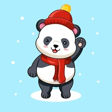 Cute Panda in Winter Hat and Scarf Waving Stock Illustration