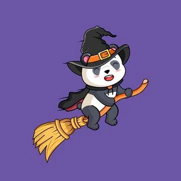 Cute Panda Witch Flying on Broomstick Vector Illustration Stock Illustration