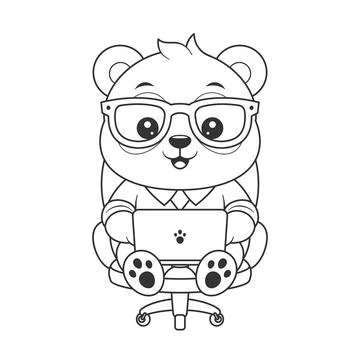 Cute panda is working in front of a laptop for coloring Stock Illustration
