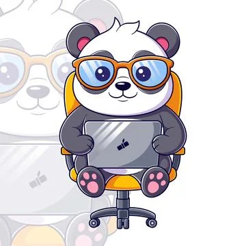 Cute panda is working in front of a tablet Stock Illustration