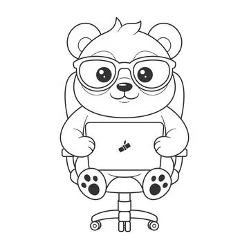 Cute panda is working in front of a tablet for coloring Stock Illustration