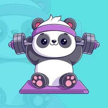 Cute pandas sit on a mat doing weightlifting Stock Illustration